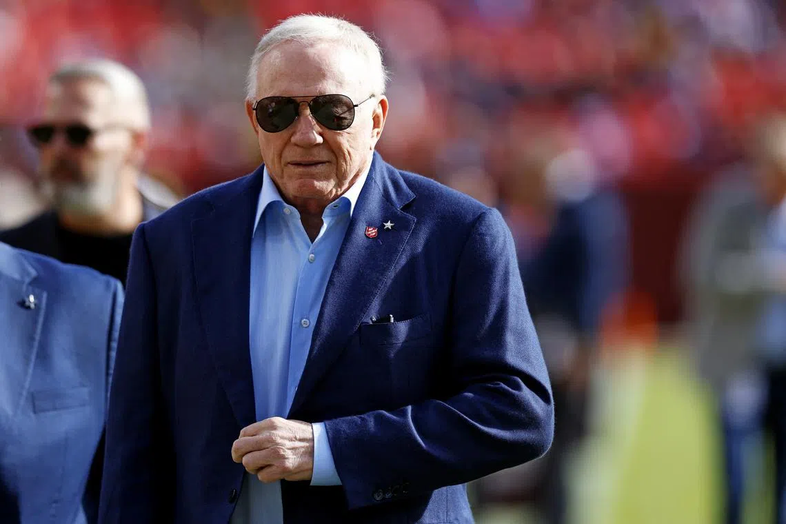 FILE PHOTO: Nov 24, 2024; Landover, Maryland, USA; Dallas Cowboys owner Jerry Jones walks off the field before the game between the Washington Commanders and the Dallas Cowboys at Northwest Stadium. Mandatory Credit: Peter Casey-Imagn Images/File photo