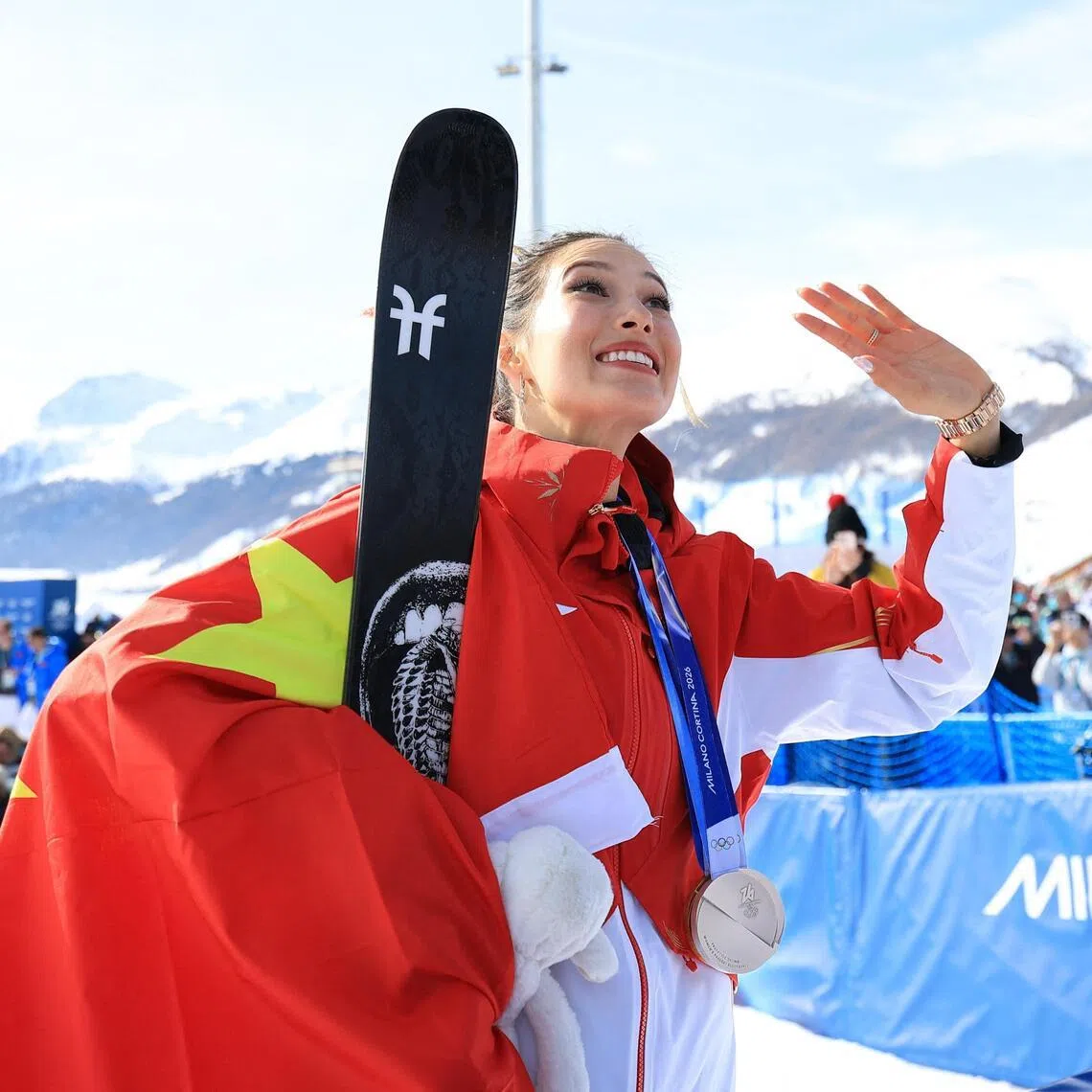 Eileen Gu celebrating after winning the gold medal in the women’s freestyle skiing halfpipe final at the 2026 Milano Cortina Winter Olympics on Feb 22.