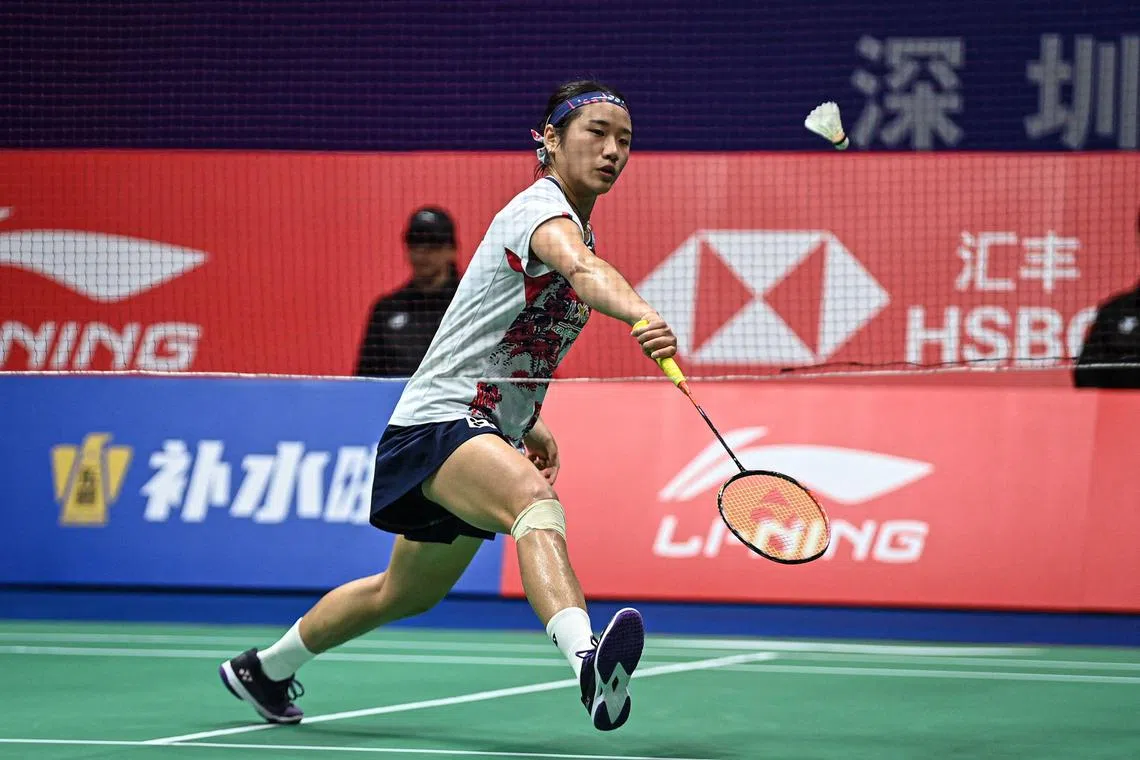 South Korea's An Se-young hitting a return during her 21-12, 21-8 win over China's Gao Fangjie in the women's singles final of the BWF World Tour China Masters 2024 badminton tournament in Shenzhen on Nov 24.