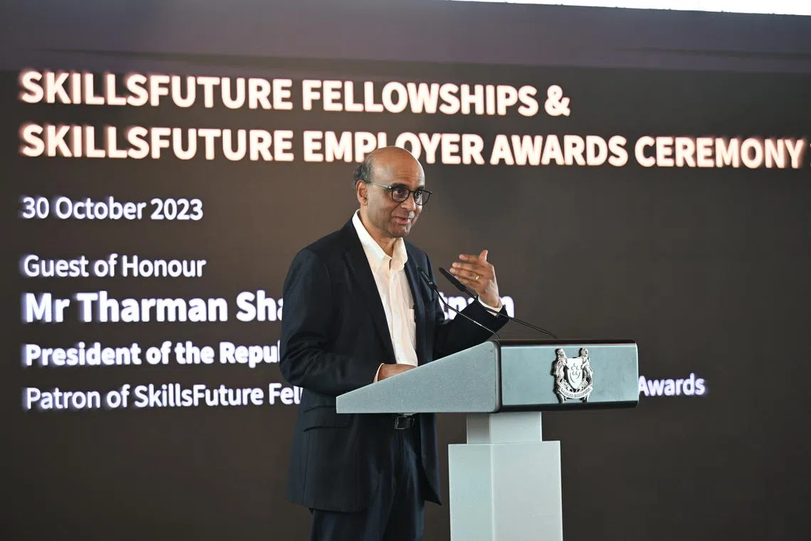 President Tharman Shanmugaratnam delivers a speech at the SkillsFuture Fellowships and Employer Awards Ceremony on Oct 30.