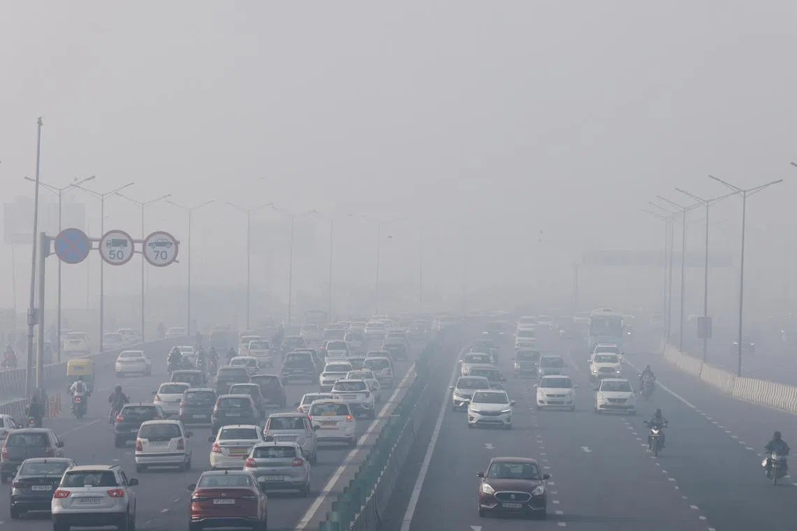 Visibility was reduced to barely 50m in some areas in New Delhi at the Indian capital was shrouded in heavy smog.