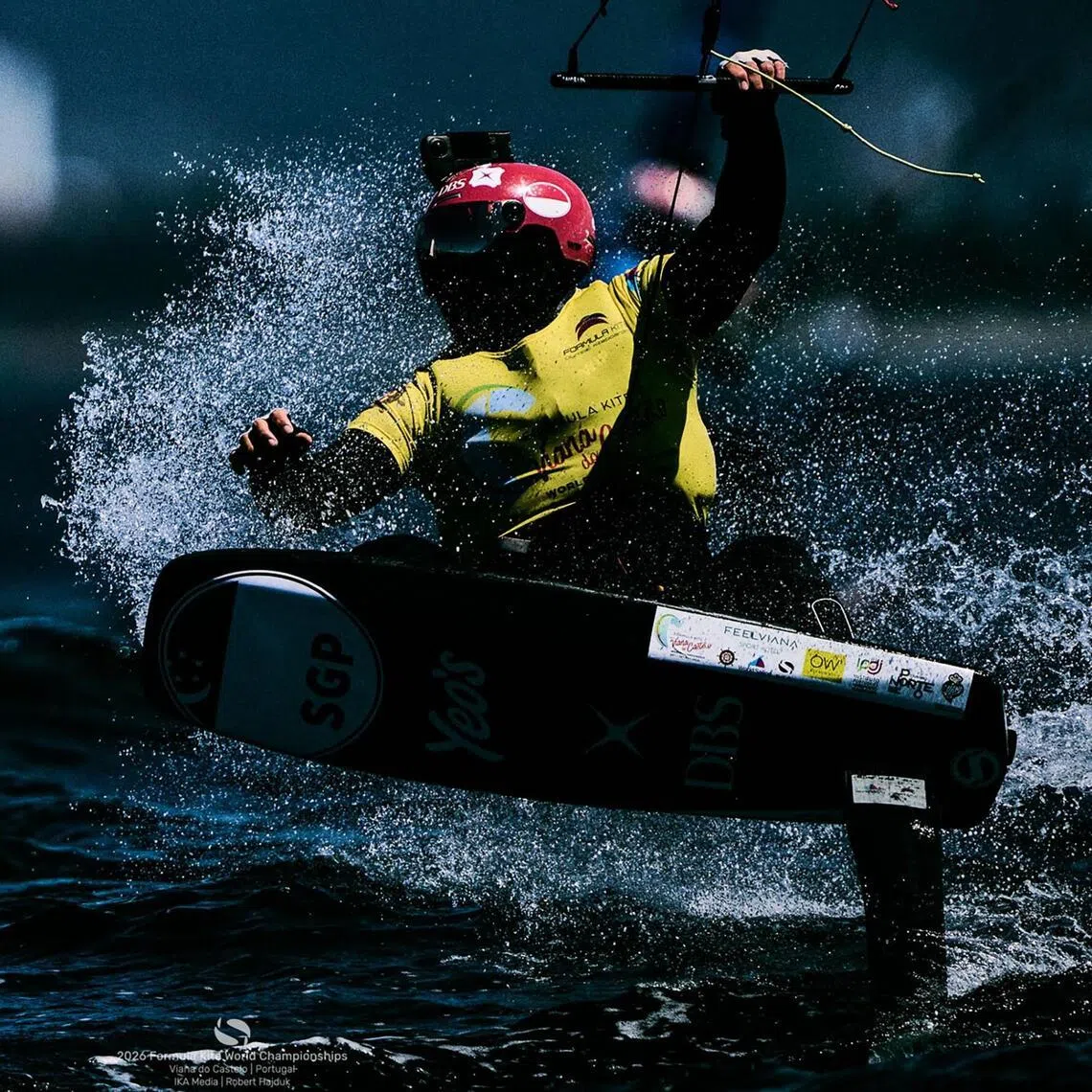 Singapore's Maximilian Maeder racing at the 2026 Formula Kite World Championships in Portugal.