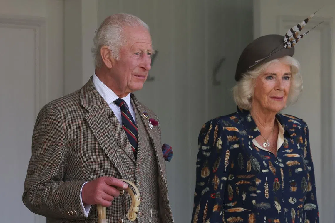 Britain's King Charles and Queen Camilla attend the Braemar Royal Highland Gathering at Princess Royal and Duke of Fife Memorial Park, in Braemar, Scotland, Britain September 7, 2024. REUTERS/Russell Cheyne