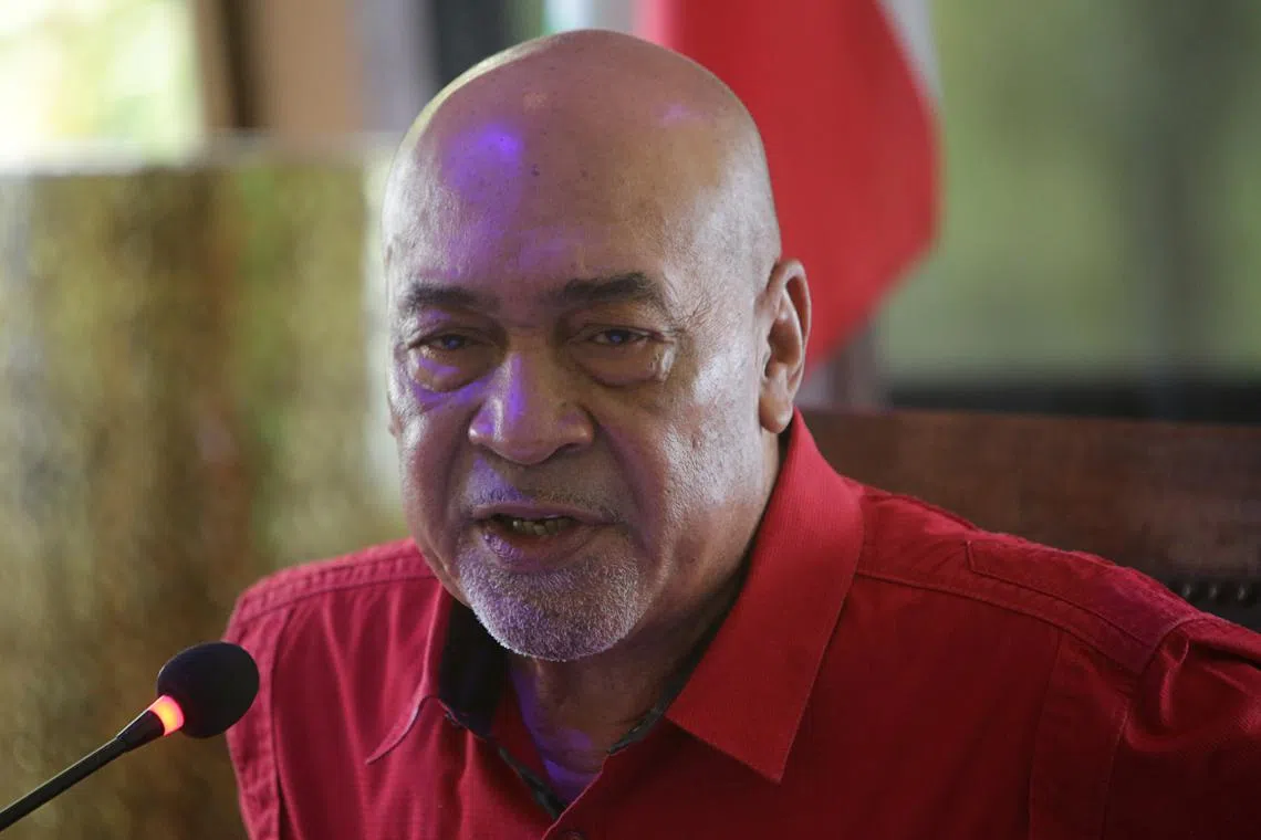 FILE PHOTO: Former Suriname president Desi Bouterse speaks during a news conference in Paramaribo, Suriname August 31, 2021. REUTERS/Ranu Abhelakh/File Photo