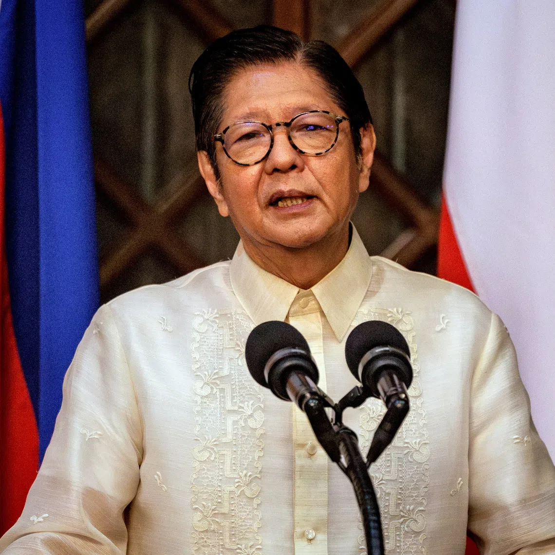 FILE PHOTO: Philippine President Ferdinand Marcos Jr. speaks during a press conference with Polish President Karol Nawrocki (not pictured), at Malacanang Palace on October 6, 2026, in Manila, Philippines. Ezra Acayan/Pool via REUTERS/File Photo