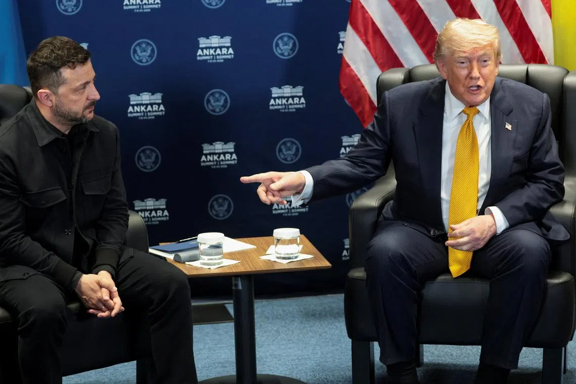 US President Donald Trump holds a bilateral meeting with Ukrainian President Volodymyr Zelensky at the NATO summit in Turkey on July 8.