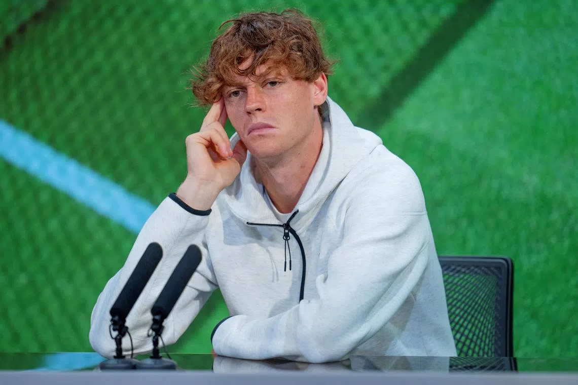 FILE PHOTO: Tennis - Wimbledon - All England Lawn Tennis and Croquet Club, London, Britain - July 9, 2024 Italy's Jannik Sinner during a press conference after losing his quarter final match to Russia's Daniil Medvedev Joe Toth/Handout via REUTERS/File Photo