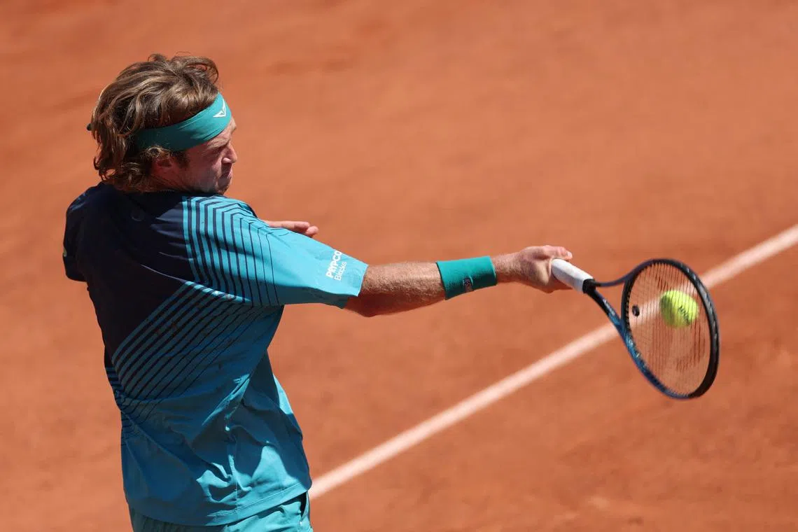 Tennis - French Open - Roland Garros, Paris, France - May 27, 2026 Russia's Andrey Rublev in action during his second round match against Argentina's Camilo Ugo Carabelli REUTERS/Stephane Mahe
