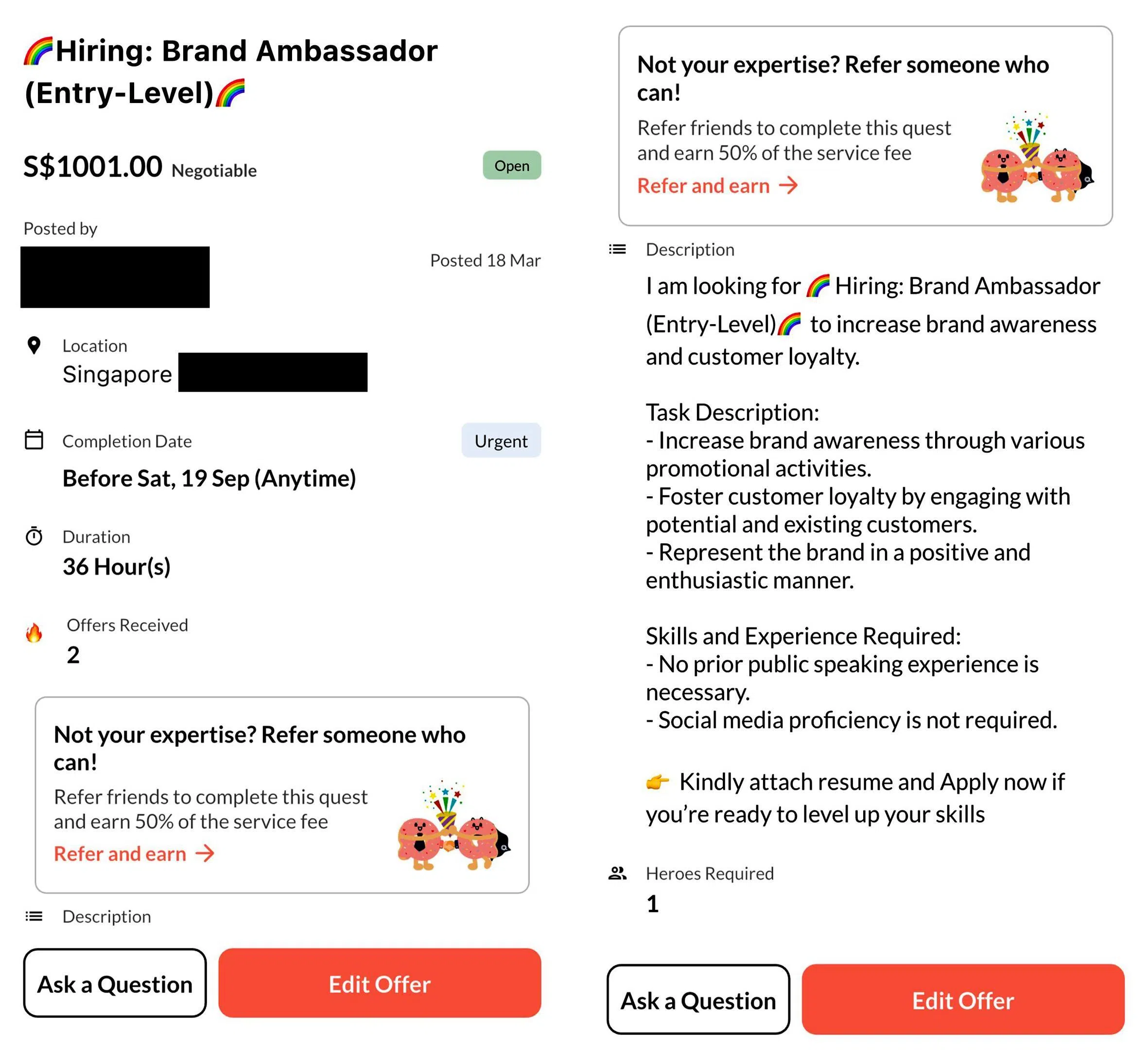 A job advertisement on a local gig-work platform for “brand ambassador” roles reveal little beyond duties such as “increasing brand awareness”.