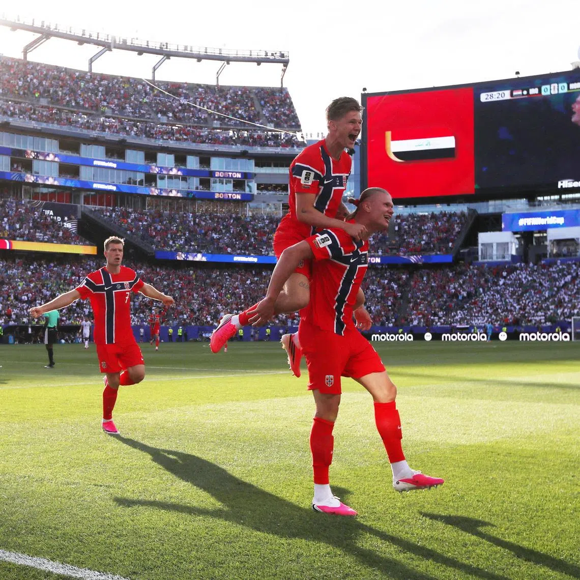 Soccer Football - FIFA World Cup 2026 - Group I - Iraq v Norway - Boston Stadium, Foxborough, Massachusetts, U.S. - June 16, 2026 Norway's Erling Haaland celebrates scoring their first goal with Alexander Sorloth and David Moller Wolfe IMAGN IMAGES via Reuters/Paul Rutherford     TPX IMAGES OF THE DAY