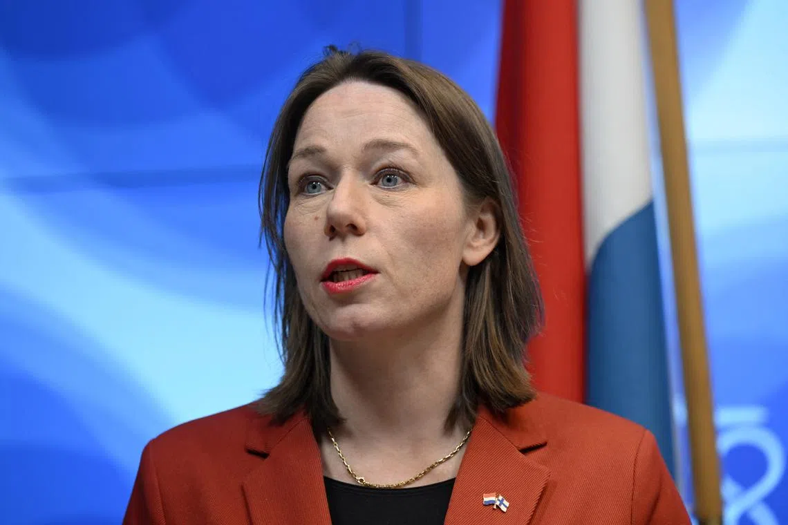 FILE PHOTO: Dutch Foreign Minister Hanke Bruins Slot reacts during her joint press conference with her Finnish counterpart Elina Valtonen (not pictured) in Helsinki, Finland, January 10, 2024. Lehtikuva/Emmi Korhonen via REUTERS/File photo