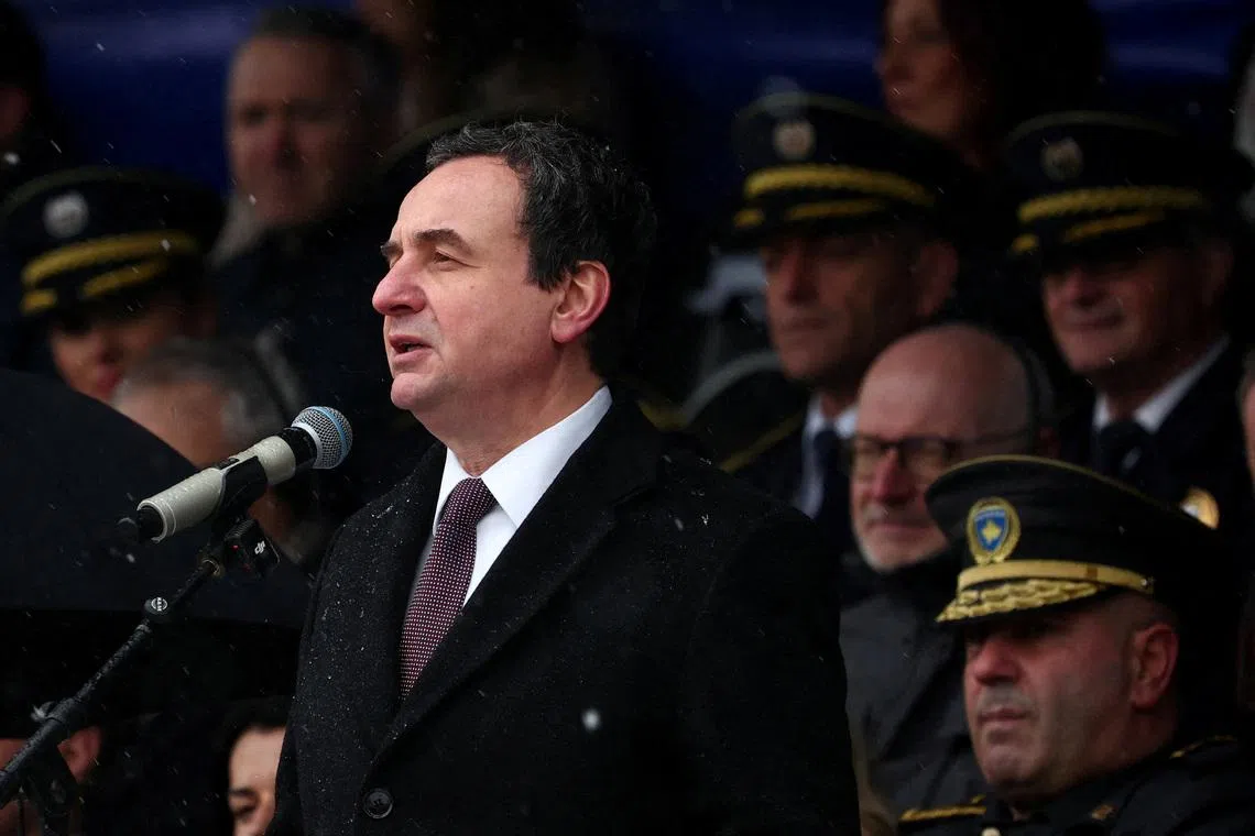 FILE PHOTO: Kosovo's Prime Minister Albin Kurti delivers his speech at a parade during celebrations of the 18th anniversary of Kosovo independence in Pristina, Kosovo, February 17, 2026. REUTERS/Florion Goga/File Photo