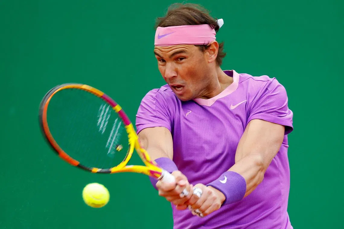 FILE PHOTO: Tennis - ATP Masters 1000 - Monte Carlo Masters - Monte-Carlo Country Club, Roquebrune-Cap-Martin, France - April 16, 2021 Spain's Rafael Nadal in action during his quarter-final match against Russia's Andrey Rublev REUTERS/Eric Gaillard/File Photo
