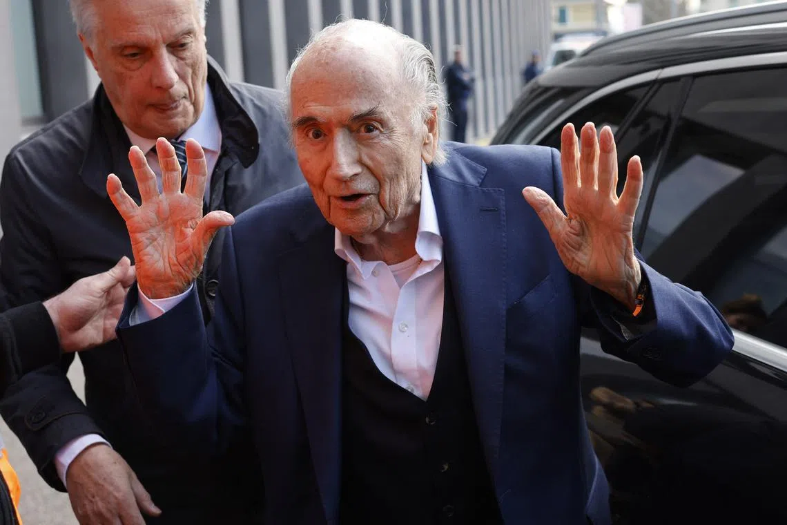 Former FIFA President Sepp Blatter arrives at the tribunal for the verdict on corruption charges against him in Muttenz, March 25, 2025. REUTERS/Stefan Wermuth
