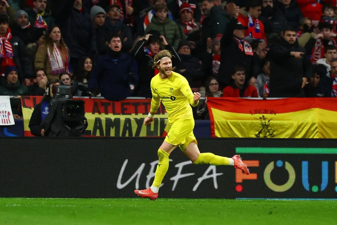 Soccer Football - UEFA Champions League - Atletico Madrid v Bodo/Glimt - Riyadh Air Metropolitano, Madrid, Spain - January 28, 2026 Bodo/Glimt's Kasper Hogh celebrates scoring their second goal REUTERS/Susana Vera