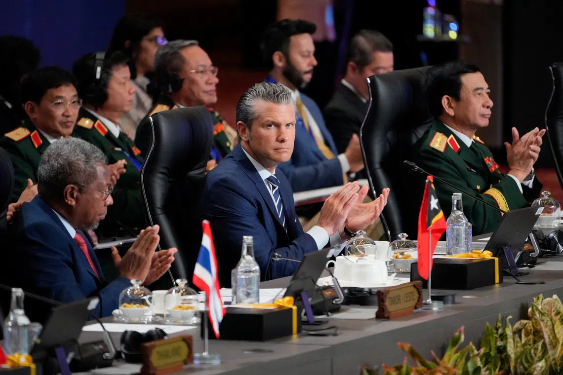 U.S. Secretary of Defense Pete Hegseth applauds during ASEAN Plus meeting at the Association of Southeast Asian Nations (ASEAN) Defense Ministers’ Meeting in Kuala Lumpur, Malaysia, Saturday, Nov. 1, 2025.     Vincent Thian/Pool via REUTERS