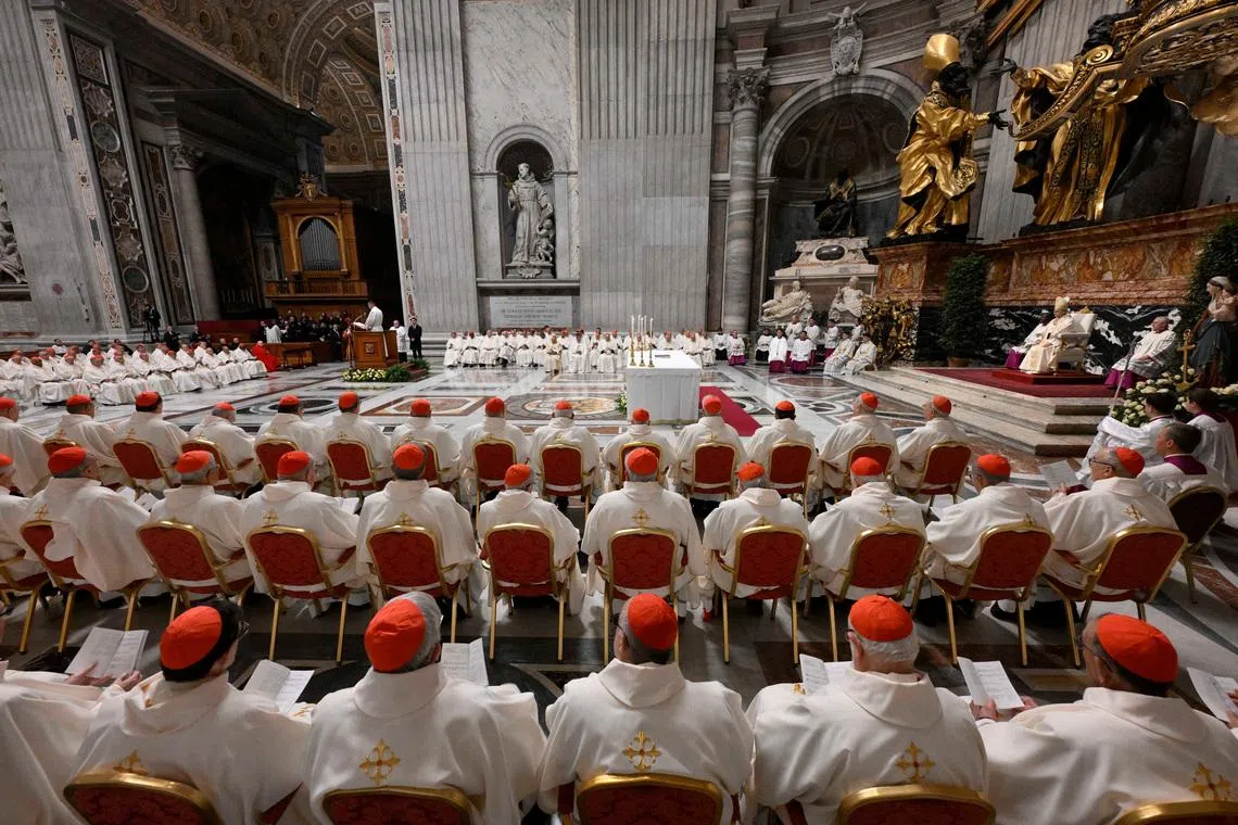 Pope Leo XIV meets with the world's Catholic cardinals as part of a two-day summit at which he urged the senior clerics to shun divisions in the 1.4-billion-member Church and focus on attracting new believers, at the Vatican, January 8, 2026.    Vatican Media/Simone Risoluti/­Handout via REUTERS