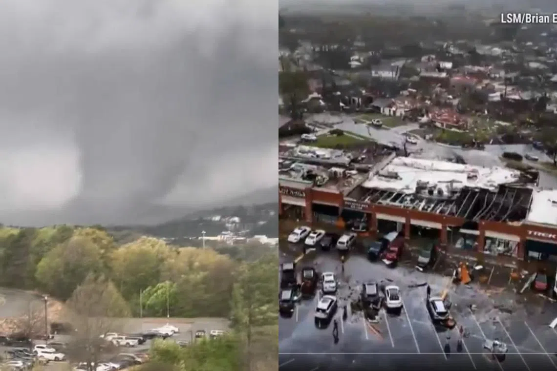 A tornado blasted through Little Rock, Arkansas, ripping away roofs and walls from buildings, uprooting trees, and flipping over vehicles.