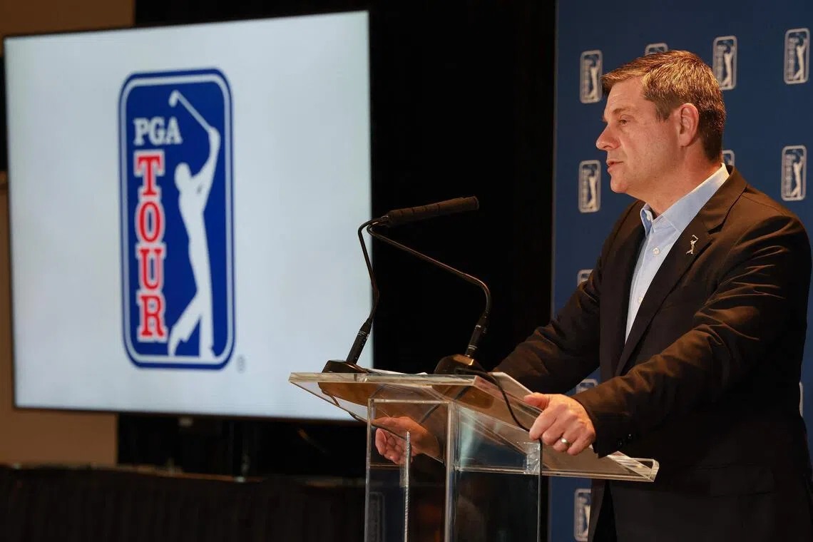 PGA Tour CEO Brian Rolapp delivering a press briefing on the changes at TPC River Highlands on June 23.