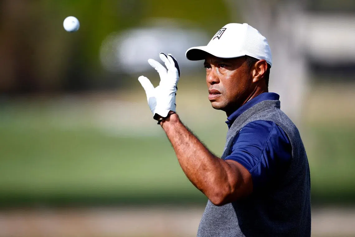 Tiger Woods practices on the range prior to the Feb 16-19 Genesis Invitational at Riviera Country Club in Los Angeles.