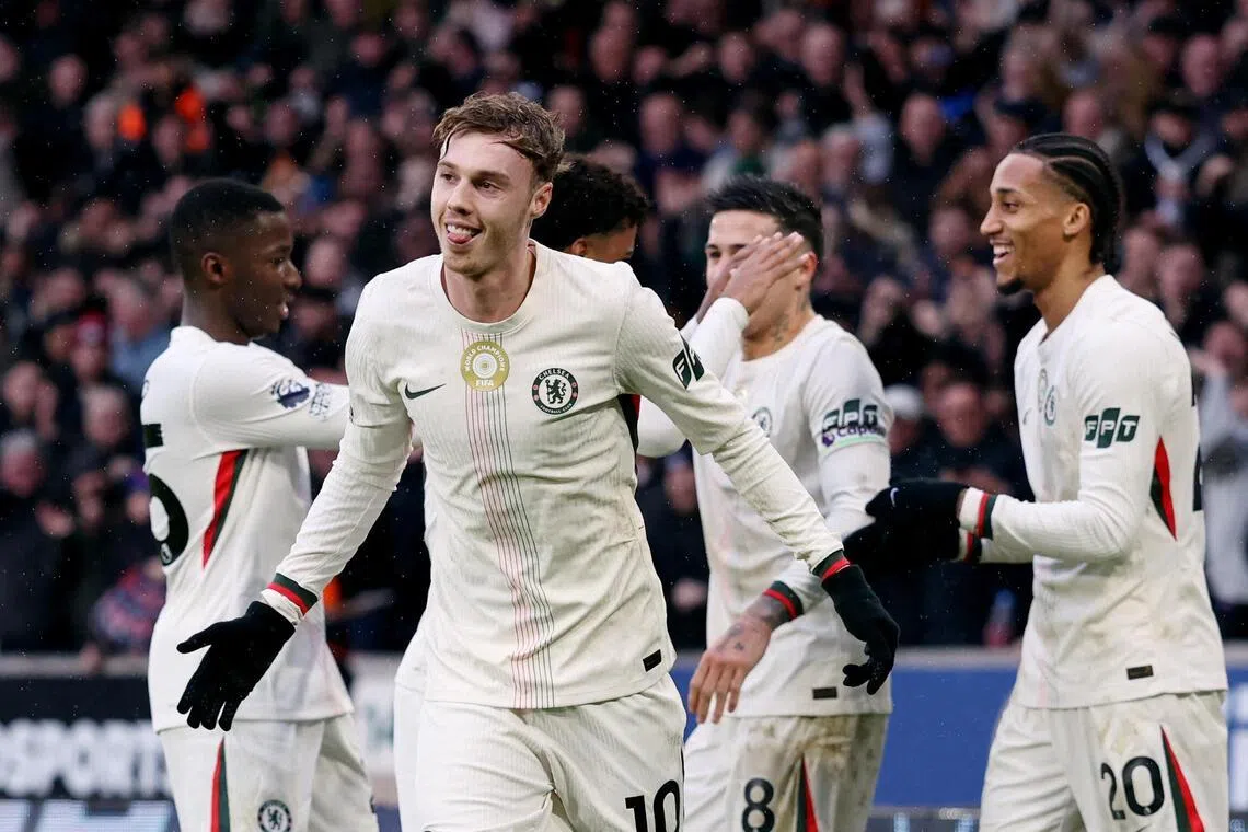Chelsea's Cole Palmer celebrates scoring their third goal in the 3-1 English Premier League win over Wolverhampton Wanderers at the Molineux on Feb 7, 2026.