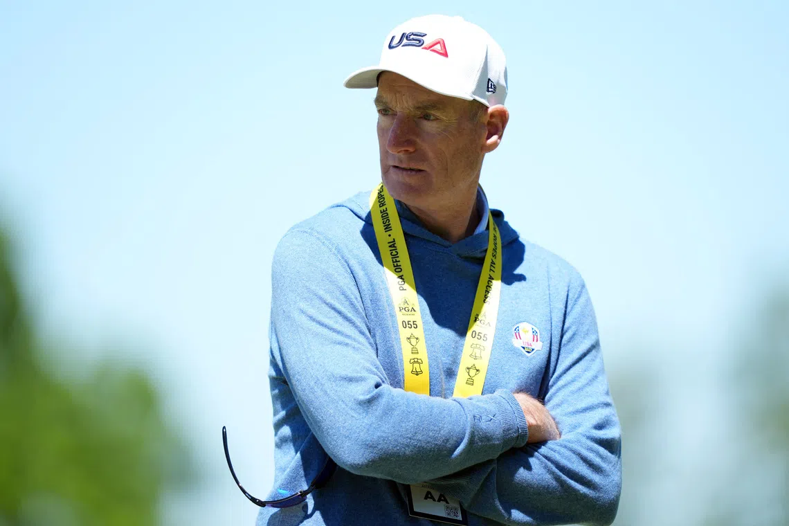 FILE PHOTO: May 12, 2026; Newtown Square, Pennsylvania, USA; Jim Furyk looks on during a practice round of the PGA Championship golf tournament at Aronimink Golf Club. Mandatory Credit: James Lang-Imagn Images/File Photo