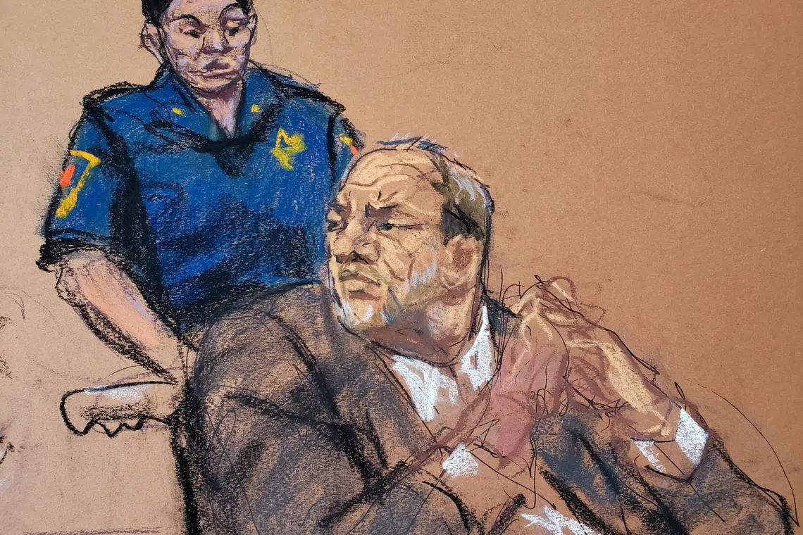 FILE PHOTO: Harvey Weinstein watches as Jessica Mann makes a statement during the sentencing following his conviction on sexual assault and rape charges in the Manhattan borough of New York City, New York, U.S. March 11, 2020 in this courtroom sketch. REUTERS/Jane Rosenberg/File Photo