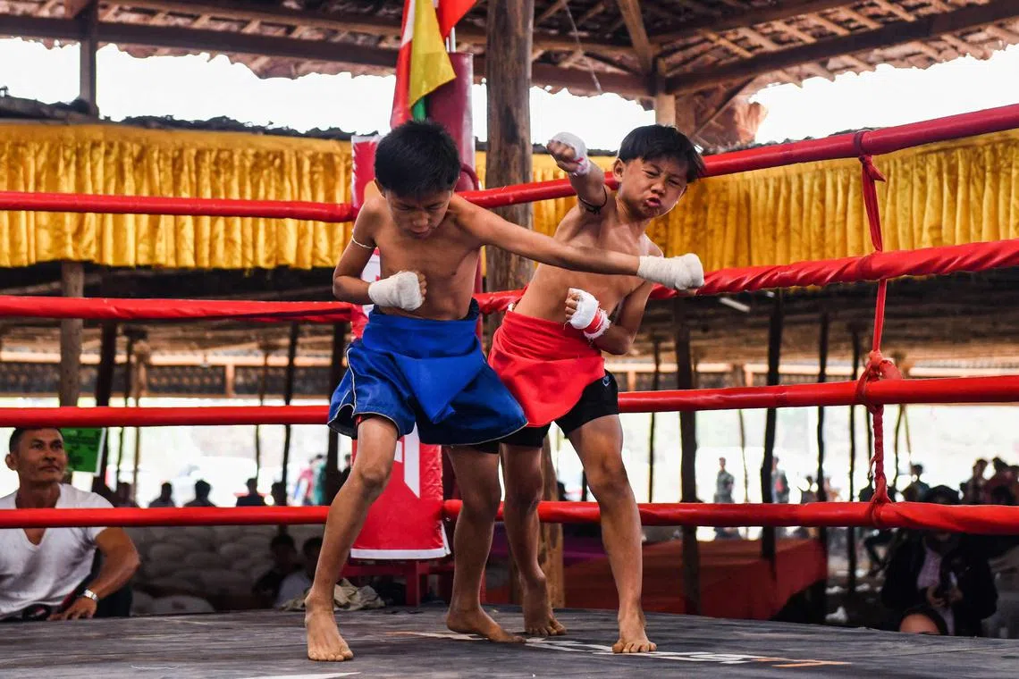 Young fighters competing in a bout during a traditional Myanmar boxing Lethwei tournament at Pyi Thar Lin Aye pagoda in Hlaingbwe. The spectacle of almost no holds barred traditional Myanmar boxing known as Lethwei, considered one of the most aggressive combat sports in the world with fighters eschewing boxing gloves for thin gauze bandages wrapped around hardened knuckles, draws huge crowds in the eastern border state of Karen. 