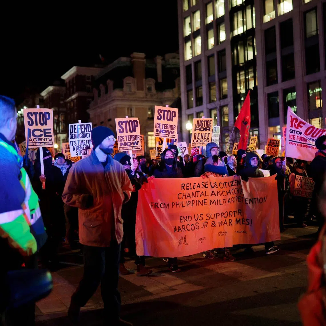 Hundreds of protesters gathered in Washington where demonstrators marched through the downtown shouting "No ICE, no KKK, no fascist USA,".
