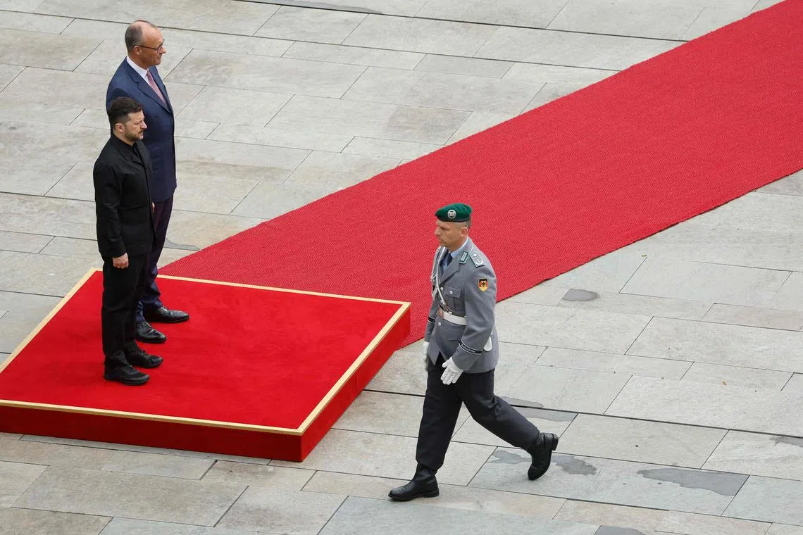 German Chancellor Friedrich Merz and Ukrainian President Volodymyr Zelensky meet in Berlin on May 28.