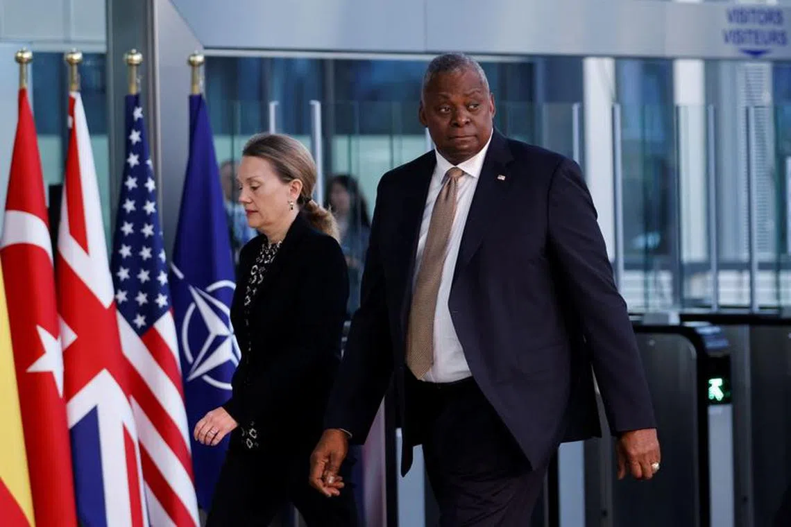 U.S. Secretary of Defense Lloyd Austin III arrives to take part in a NATO Defence Ministers' meeting at the Alliance's headquarters in Brussels, Belgium October 11, 2023. REUTERS/Johanna Geron