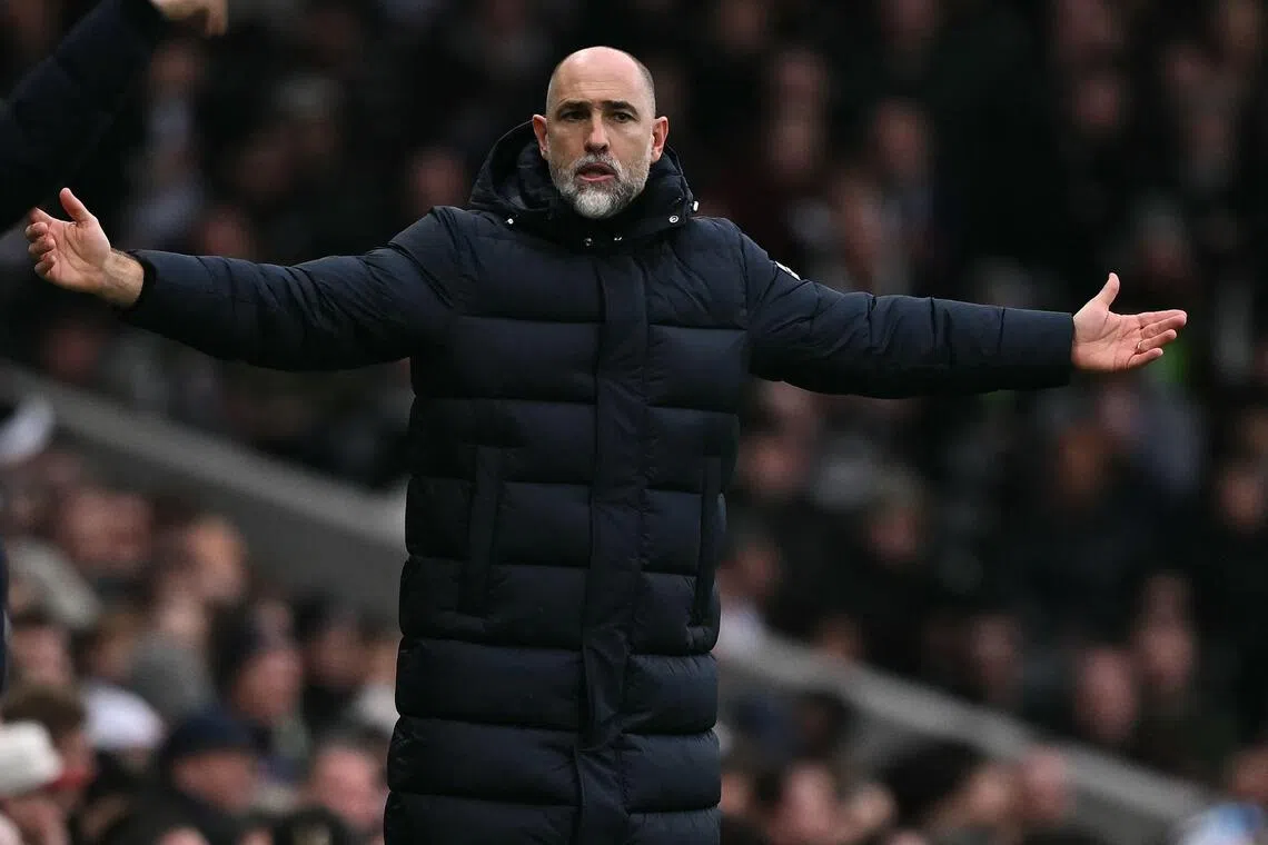 Tottenham Hotspur manager Igor Tudor gesturing on the touchline during the 2-1 English Premier League loss to Fulham at Craven Cottage in London on March 1, 2026.  