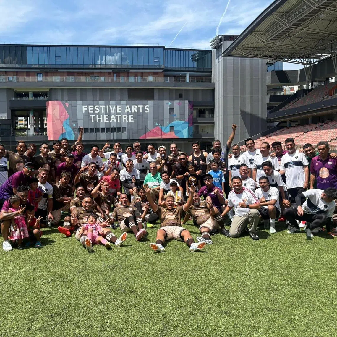 Friends and former teammates of Rezal Hassan (centre, in green) came together for a charity football match between social teams Sporting Tampines and Club Sukan Dramatis Singapura at Our Tampines Hub on April 18


CREDIT: COURTESY OF YAZRUL RAHMAN MOHAMED YASSIN