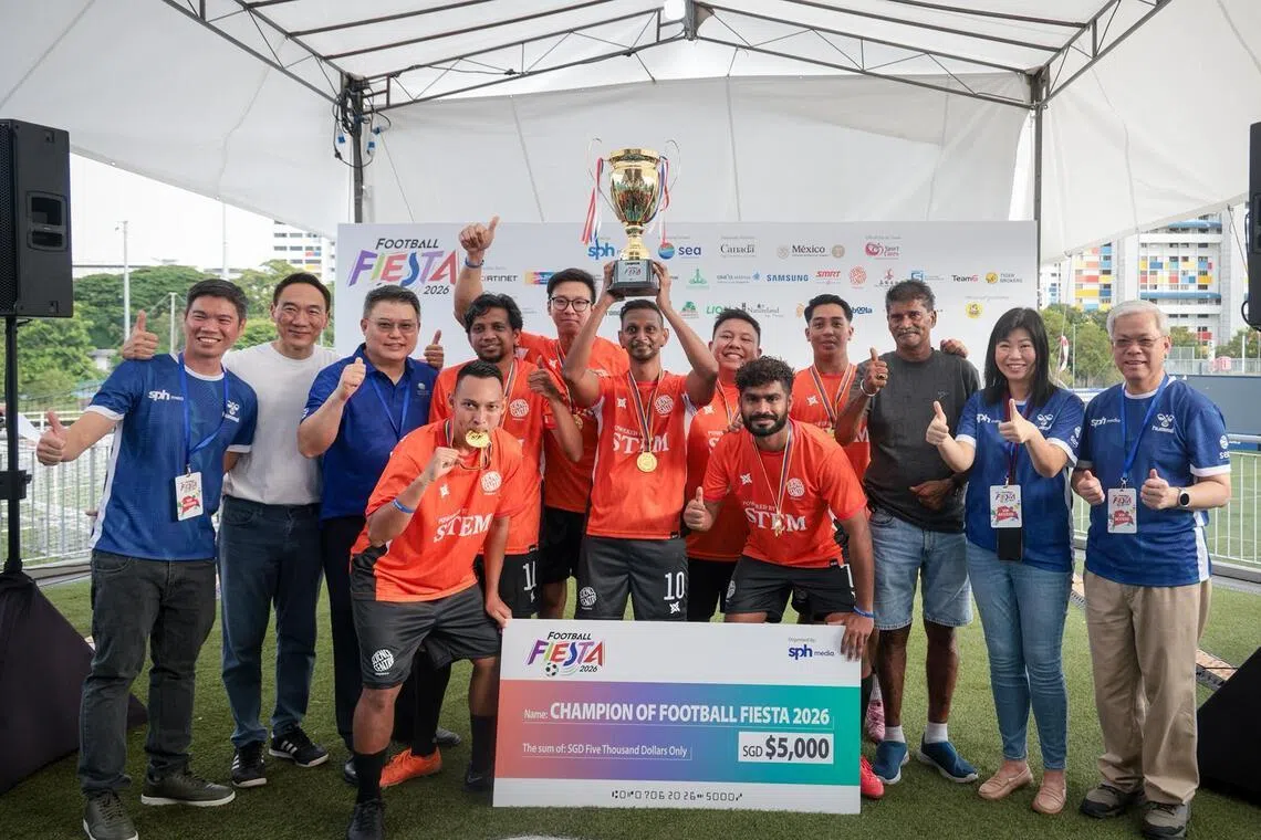 (From left) SPH Media deputy chief executive Kuek Yu Chuang; Sea Limited executive director Bruce Liang; representatives from Science Centre Singapore; SPH Media chief financial and corporate officer Tan Pei Jun; and SPH Media chief executive Chan Yeng Kit at the Football Fiesta 2026 organised by SPH Media.