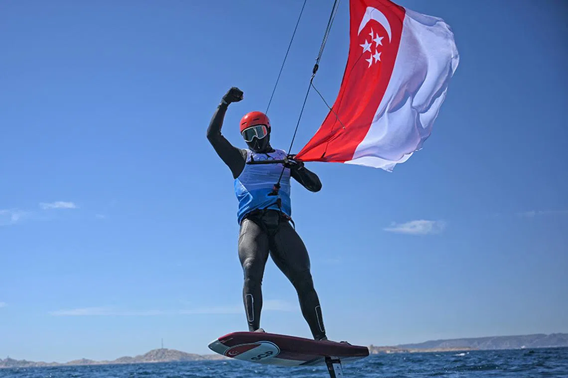 Singaporean Kitefoiler Maximilian Maeder after race 3 of the Paris 2024 Olympics Men’s Kite final at the Marseille Marina on August 9, 2024. He delivered a special birthday present for the nation by claiming a bronze medal at the Paris Olympics.