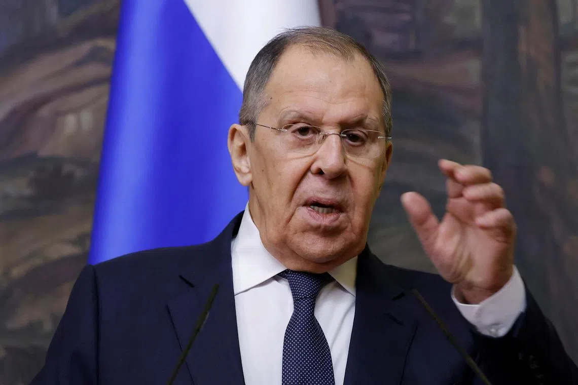 FILE PHOTO: Russian Foreign Minister Sergei Lavrov attends a joint press conference with OSCE Secretary General Feridun Sinirlioglu in Moscow, Russia March 11, 2025. REUTERS/Maxim Shemetov/Pool/File Photo