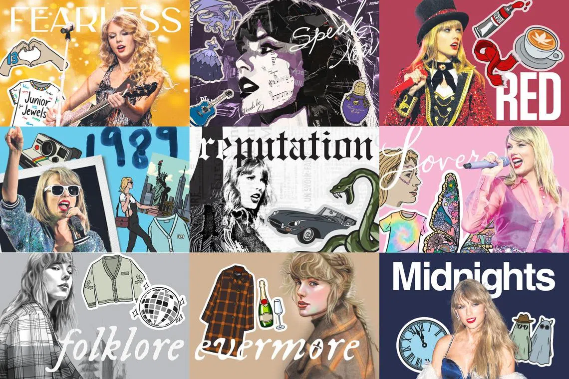 Each infographic represents one album, or what is known as a music era, covered in Taylor Swift's The Eras Tour.