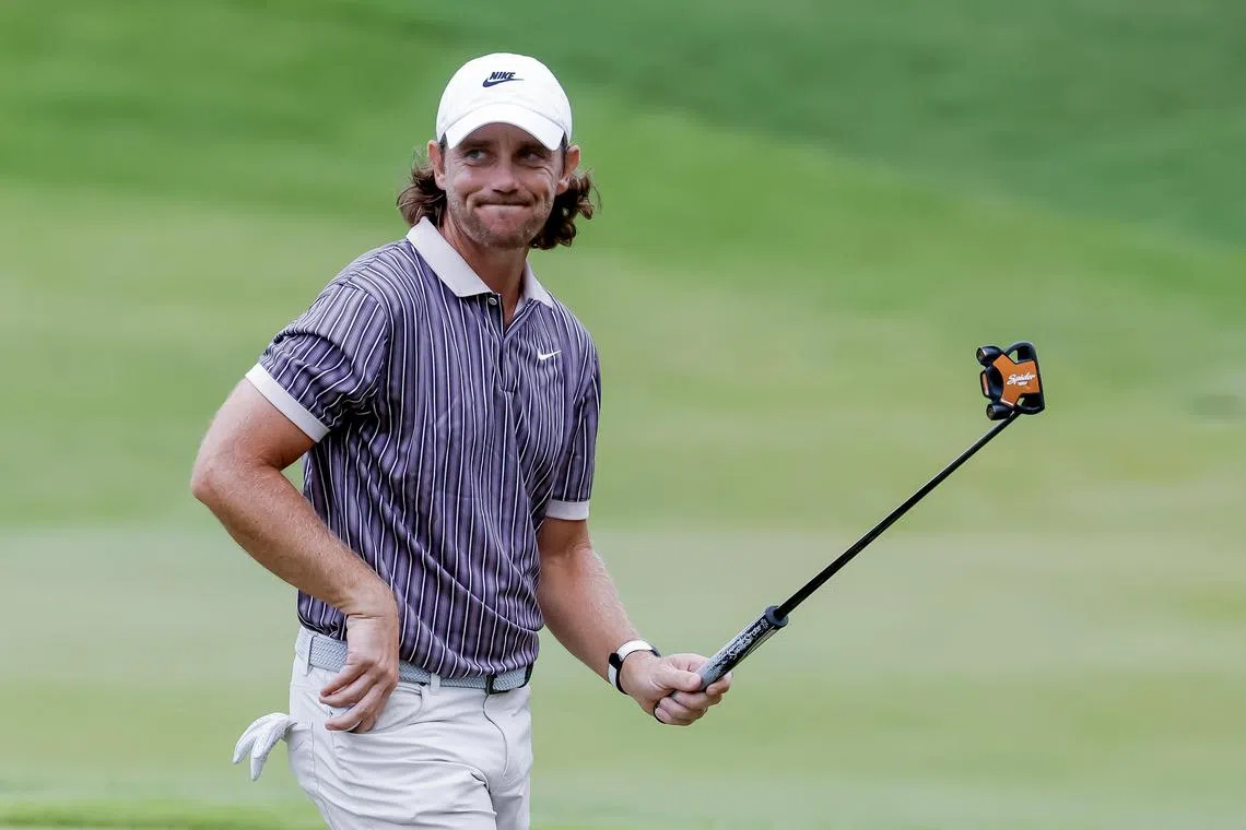 Co-leader Tommy Fleetwood of England reacting after finishing on the 18th hole during the third round of the 2025 Tour Championship golf tournament at the East Lake Golf Club in Atlanta, Georgia, on Aug 23.