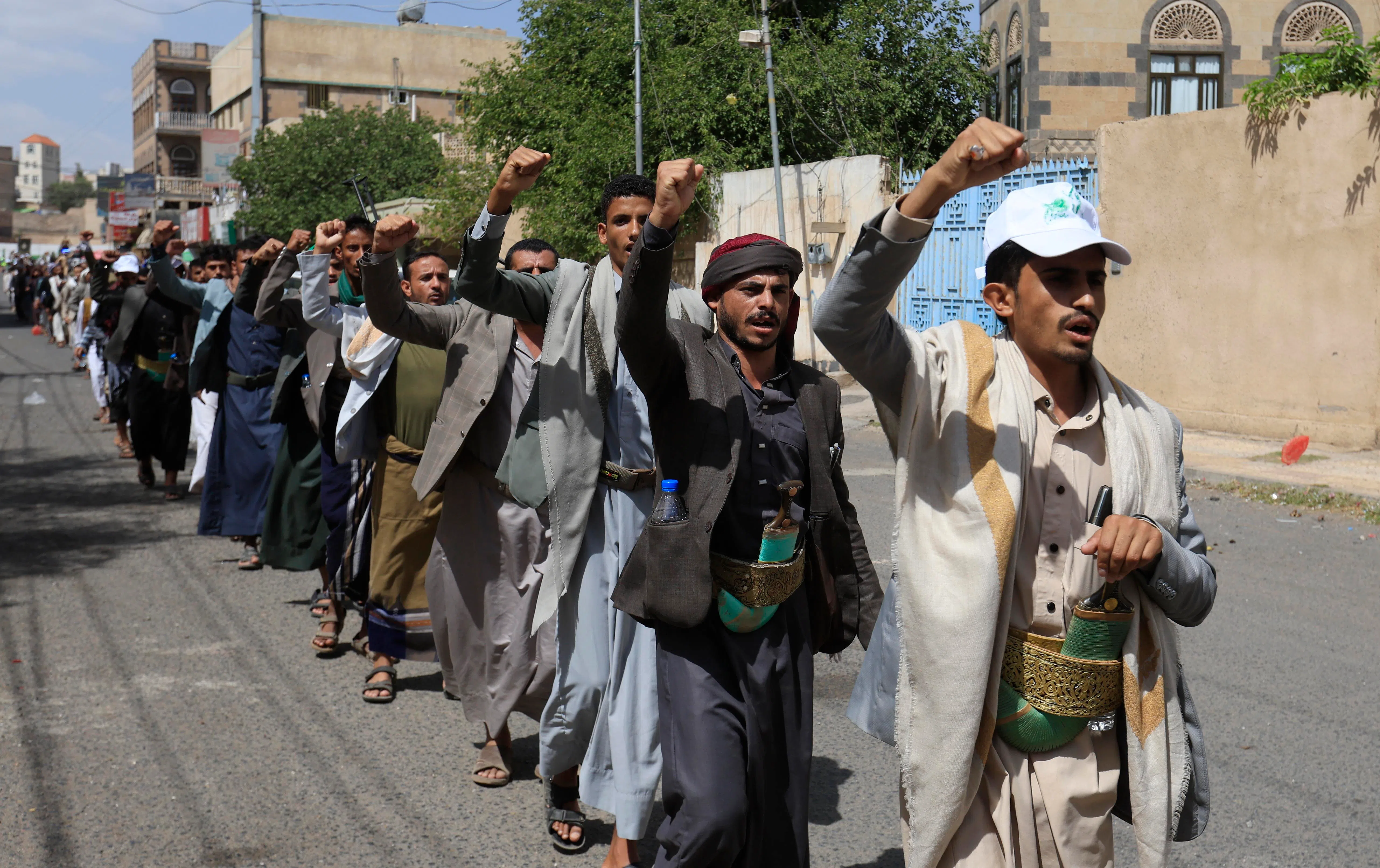 Houthis campaigning to mobilise more fighters in Sana’a, Yemen, on Sept 10. Houthis have stepped up their threat to the Red Sea.