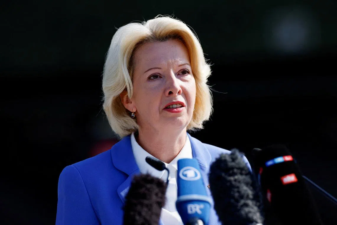 FILE PHOTO: Latvian Defence Minister Inara Murniece speaks on the day of signing of a framework contract with German arms maker Diehl Defence for the purchase of their air defence system IRIS-T SLM in Roethenbach near Nuremberg, Germany, September 11, 2023. REUTERS/Heiko Becker/File Photo