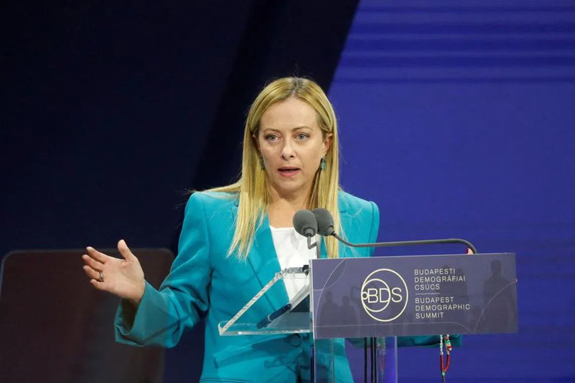 Italian Prime Minister Giorgia Meloni speaks during the Budapest Demographic Summit in Budapest, Hungary, September 14, 2023. REUTERS/Bernadett Szabo