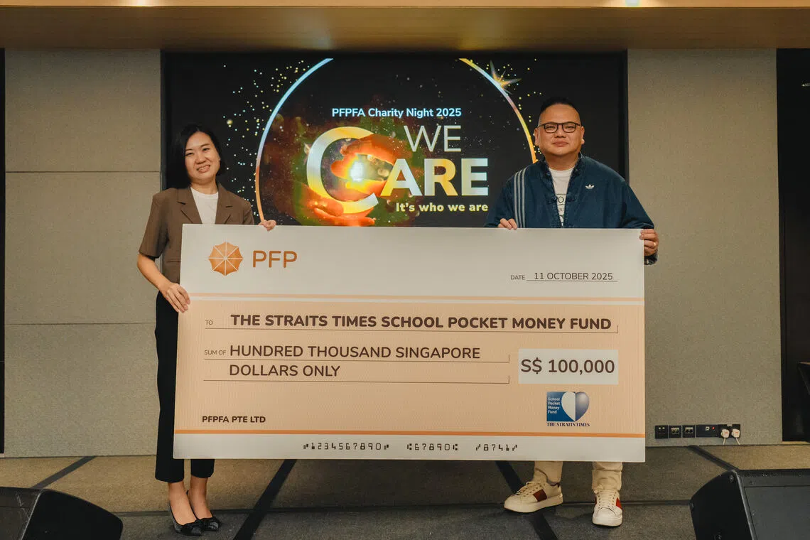 Financial advisory firm PFPFA made a $100,000 donation to the Straits Times School Pocket Money Fund and raised an additional $64,000 for it during the firm's charity night on Oct 11.