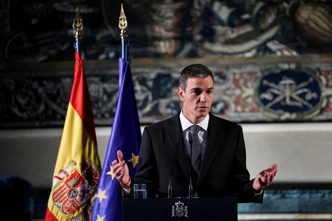FILE PHOTO: Spanish Prime Minister Pedro Sanchez holds a press conference at the Spanish Embassy to the Vatican after meeting Pope Leo XIV, in Rome, Italy, May 27, 2026. REUTERS/Francesco Fotia/File Photo