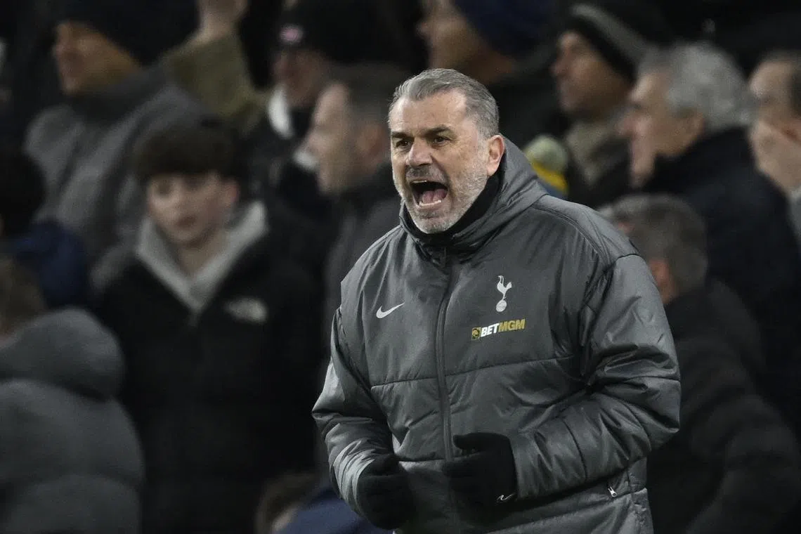 FILE PHOTO: Soccer Football - Europa League - Round of 16 - Second Leg - Tottenham Hotspur v AZ Alkmaar - Tottenham Hotspur Stadium, London, Britain - March 13, 2025 Tottenham Hotspur manager Ange Postecoglou reacts REUTERS/Tony O Brien/File Photo