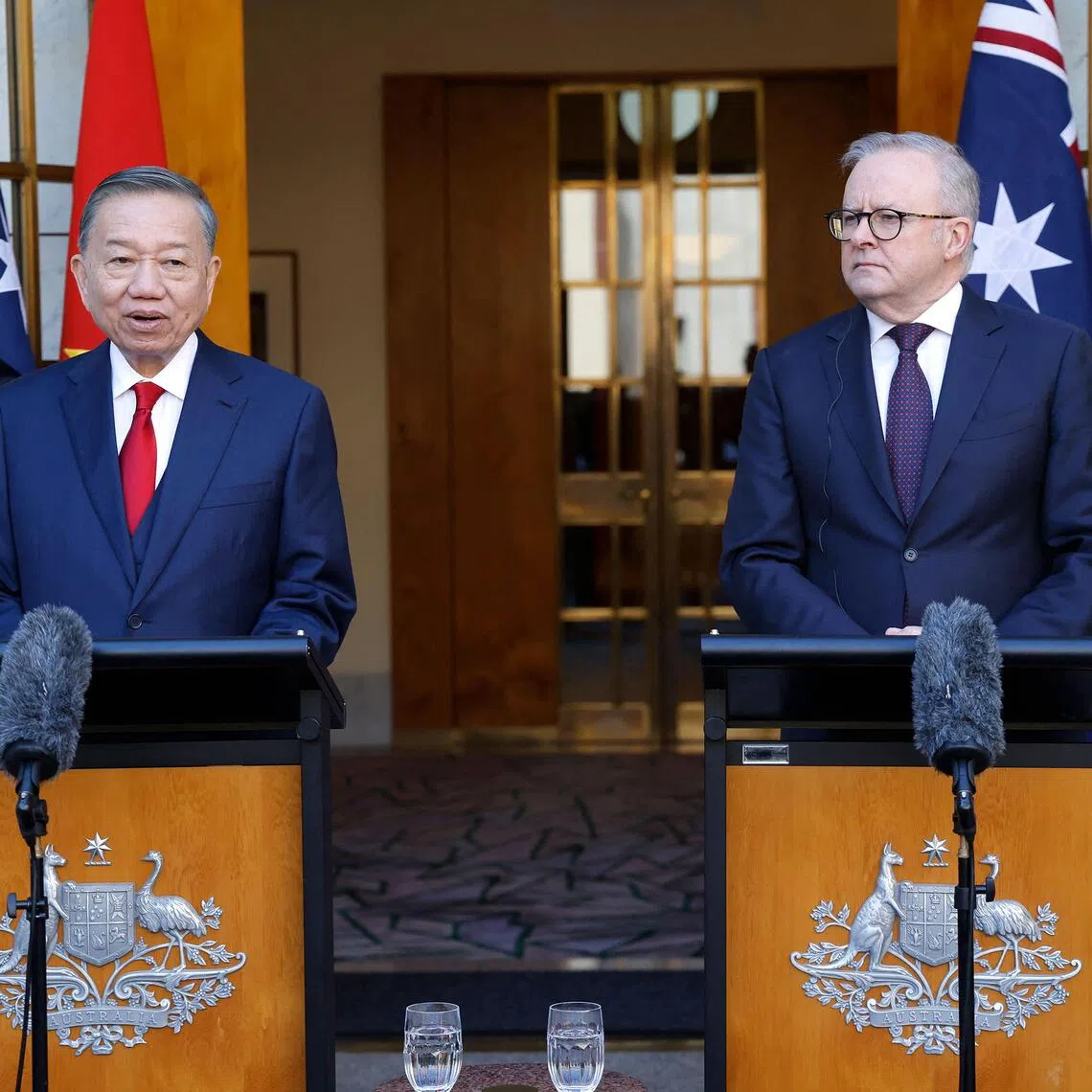 Vietnamese General Secretary and President To Lam (L) and Australian Prime Minister Anthony Albanese attend a joint press conference at Parliament House in Canberra on August 11.