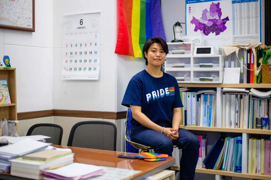 Cha's office, in an otherwise drab building in Seoul’s Mapo district, is adorned with rainbow garlands and complete with a large Pride flag.