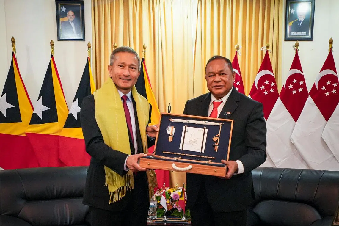 Singapore Foreign Affairs Minister Vivian Balakrishnan (left) met Timor-Leste’s Minister of Foreign Affairs and Cooperation Bendito dos Santos Freitas on July 24, 2023.