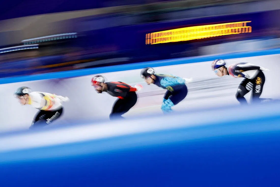 Skaters in action during the men's 1000m - semifinals during the ISU World Short Track Speed Skating Championships, held at the Capital Indoor Stadium, in Beijing, China, on Mar 16, 2025.