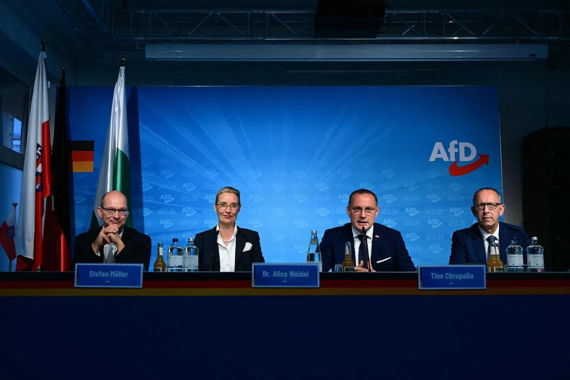 AfD party co-leaders Alice Weidel (second from left) and Tino Chrupalla (second from right) with top candidate for Saxony Joerg Urban (right) and Thuringia spokesperson Stefan Moeller at a press conference on Sept 2.