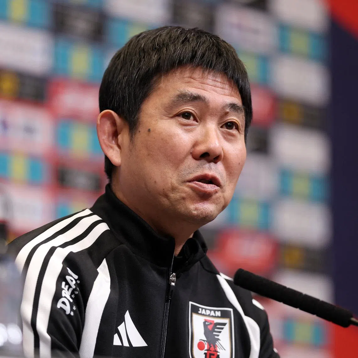 Soccer Football - International Friendly - Japan Press Conference - Wembley Stadium, London, Britain- March 30, 2026 Japan coach Hajime Moriyasu during the press conference Action Images via Reuters/John Sibley